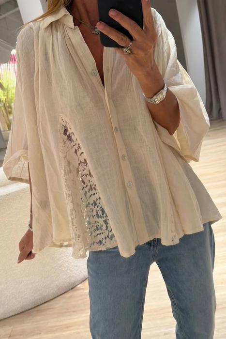 Sheer Lace Splice Bracelet Sleeve Loose Shirt | S-XL
