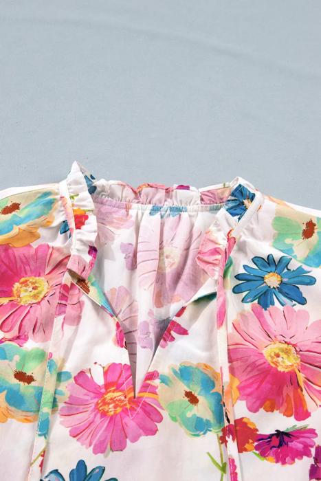 Floral Tie V-Neck Puff Sleeve Top | S-XL