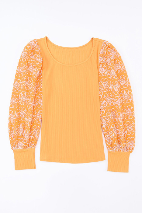 Flower Puff Sleeve Ribbed Knit Top | S-XL