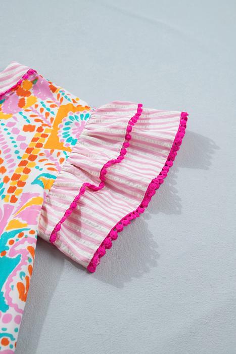 Boho Mixed Print Tiered Short Sleeve Blouse | S-XL