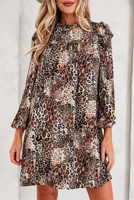 Leopard Print Ruffled Long Sleeve Mini Dress | S-XL