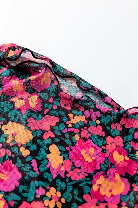 Floral Mesh Mock Neck Long Sleeve Top | S-XL