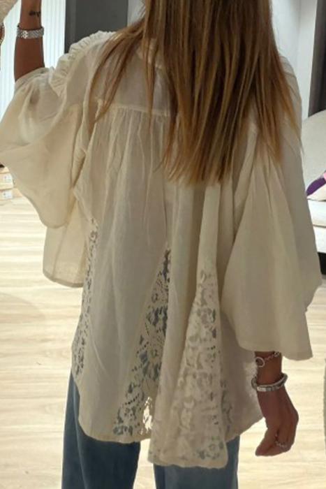 Sheer Lace Splice Bracelet Sleeve Loose Shirt | S-XL