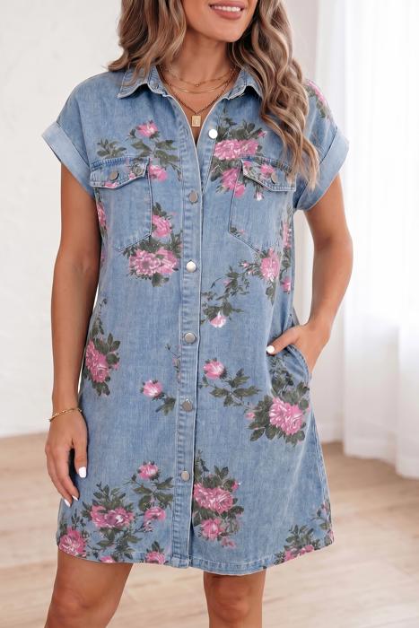 Floral Print Denim Button-Down Shift Dress | S-XL