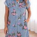  Floral Print Denim Button-Down Shift Dress | S-XL