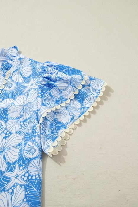 Ocean Bloom Collared Scallop Trim Blouse | S-XL