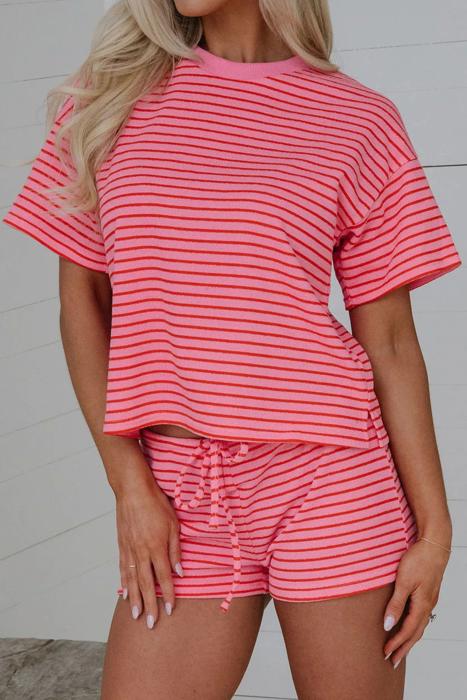 Striped Knit T-Shirt & Elastic Waist Shorts Set | S-XL