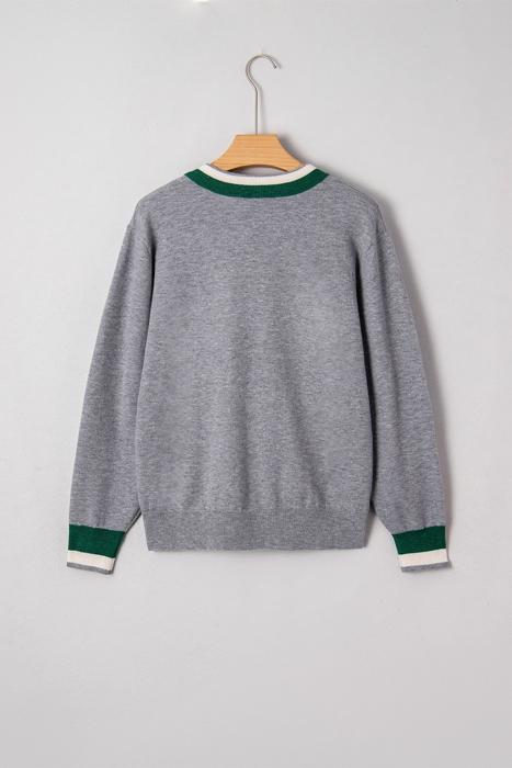 Contrast Striped Trim V Neck Varsity Light Sweater | S-XL