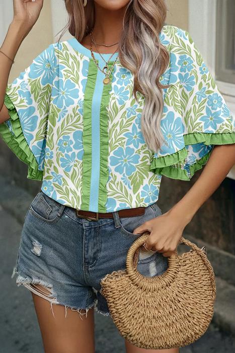 Floral Ruffle Colorblock Trim Blouse | S-XL