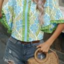  Floral Ruffle Colorblock Trim Blouse | S-XL