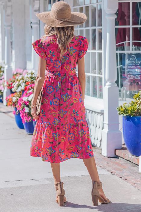 Belted Floral Flutter Sleeve Long Dress | S-XL