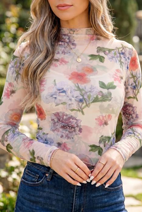 Floral Mesh Fitted Long Sleeve Top | S-XL