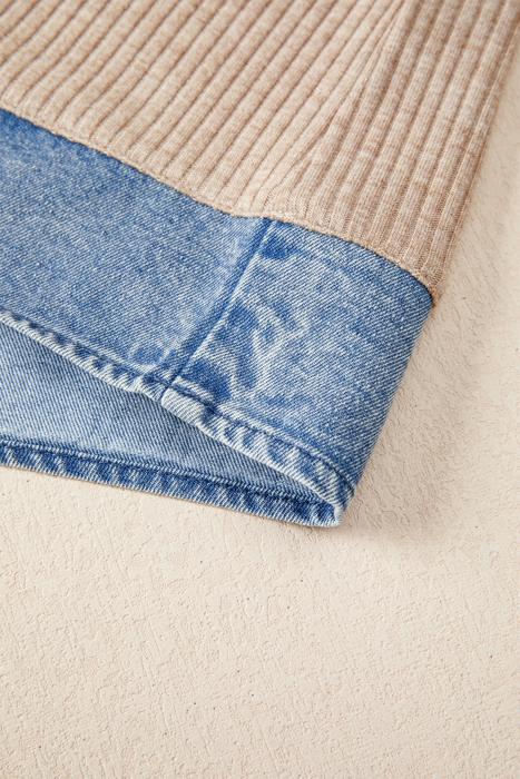 Ribbed Knit Denim Color Block Collared Blouse | S-XL