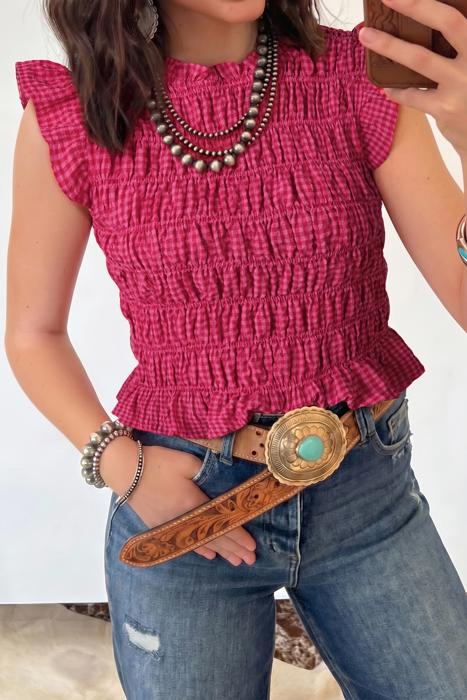 Shirred Plaid Trim Tank | S-XL