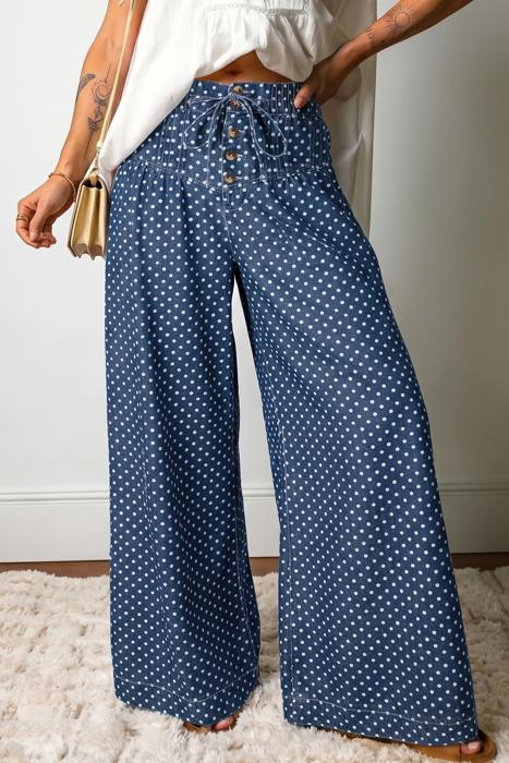 Button Front Pleated Wide Leg Denim Jeans