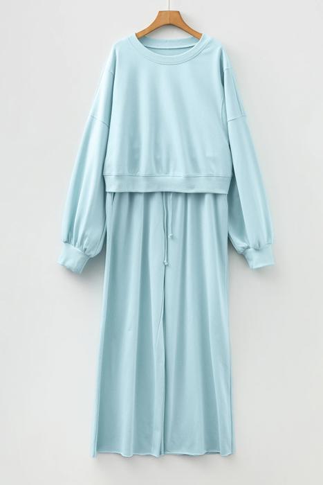 Drop Shoulder Puff Sleeve Cropped Pullover Pants Set | S-XL