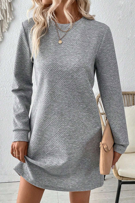 Textured Long Sleeve Side Pockets Shift Dress
