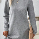  Textured Long Sleeve Side Pockets Shift Dress