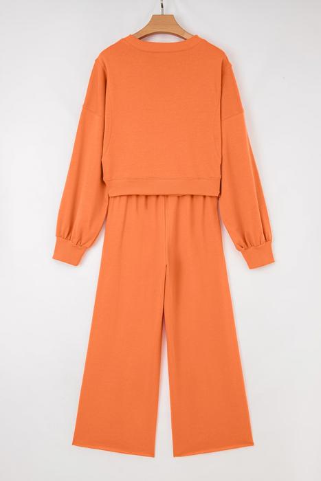 Drop Shoulder Puff Sleeve Cropped Pullover Pants Set | S-XL