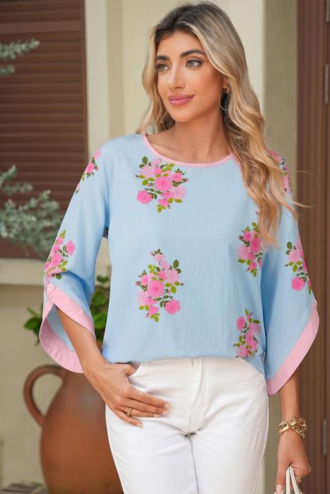 Floral Print 3/4 Sleeve Button-Cuff Blouse | S-XL
