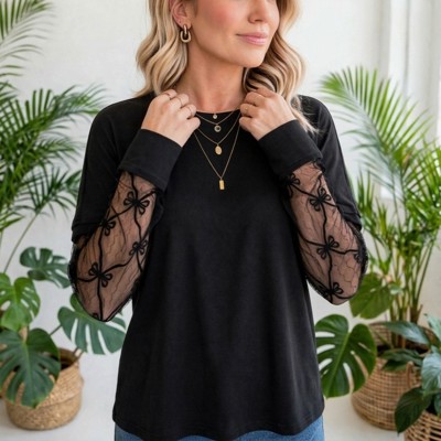 Belle Bow Textured Sheer Long Sleeve Tee | S-XL