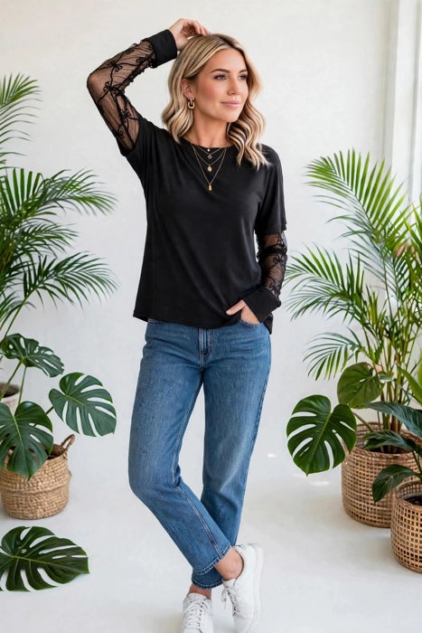 Belle Bow Textured Sheer Long Sleeve Tee | S-XL