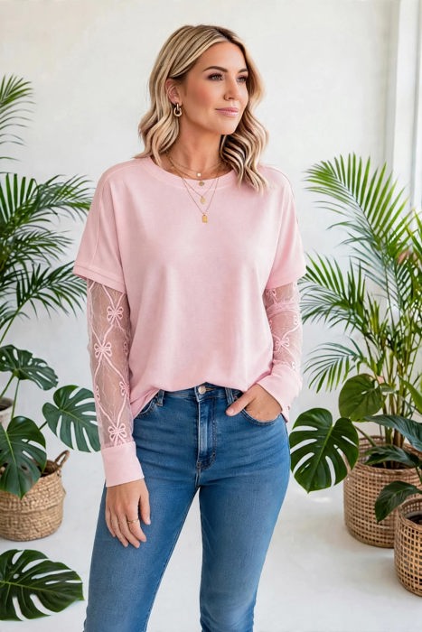 Belle Bow Textured Sheer Long Sleeve Tee | S-XL