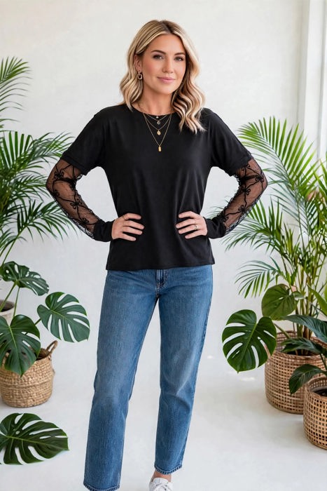 Belle Bow Textured Sheer Long Sleeve Tee | S-XL