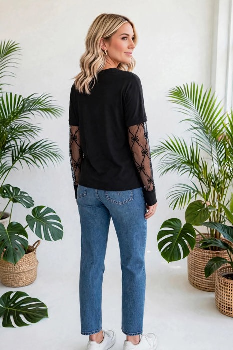Belle Bow Textured Sheer Long Sleeve Tee | S-XL