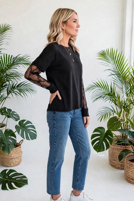 Belle Bow Textured Sheer Long Sleeve Tee | S-XL