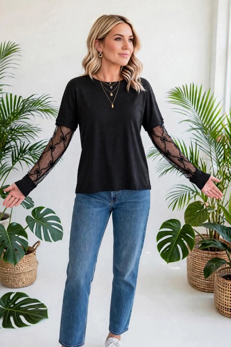 Belle Bow Textured Sheer Long Sleeve Tee | S-XL