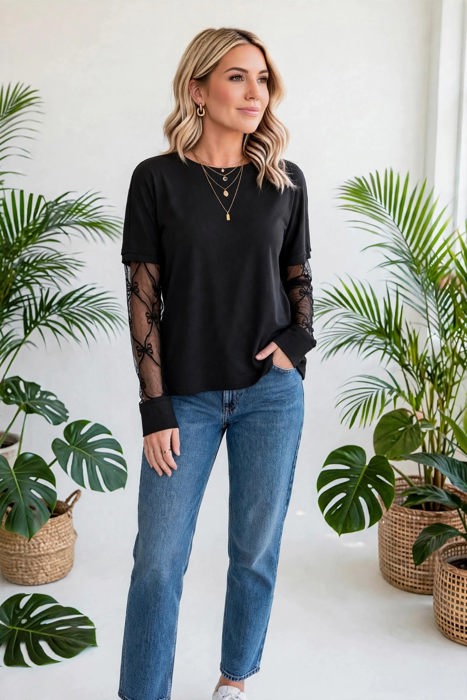 Belle Bow Textured Sheer Long Sleeve Tee | S-XL
