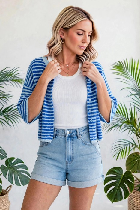 Stria Striped Loose Half Sleeve Knit Cardigan | S-XL