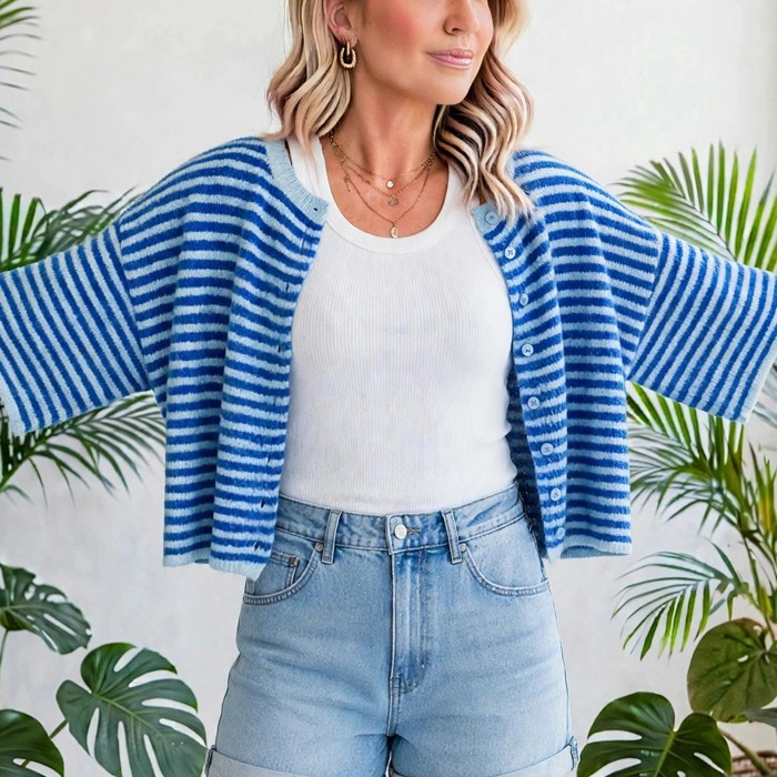 Stria Striped Loose Half Sleeve Knit Cardigan | S-XL