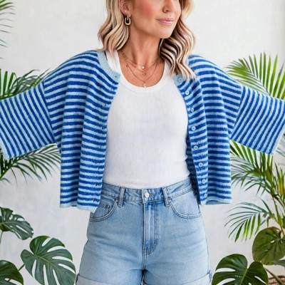 Stria Striped Loose Half Sleeve Knit Cardigan | S-XL