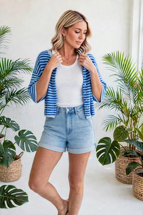 Stria Striped Loose Half Sleeve Knit Cardigan | S-XL