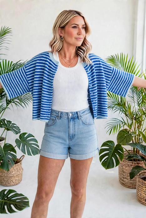 Stria Striped Loose Half Sleeve Knit Cardigan | S-XL