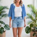  Stria Striped Loose Half Sleeve Knit Cardigan | S-XL