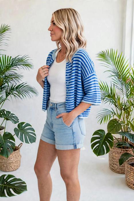 Stria Striped Loose Half Sleeve Knit Cardigan | S-XL