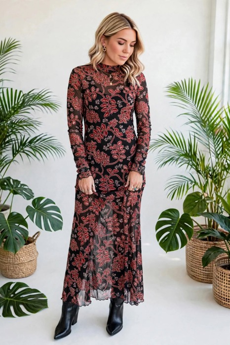 Midnight Bloom Retro Floral Mesh Dress