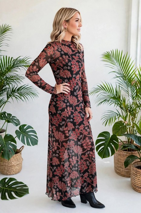 Midnight Bloom Retro Floral Mesh Dress
