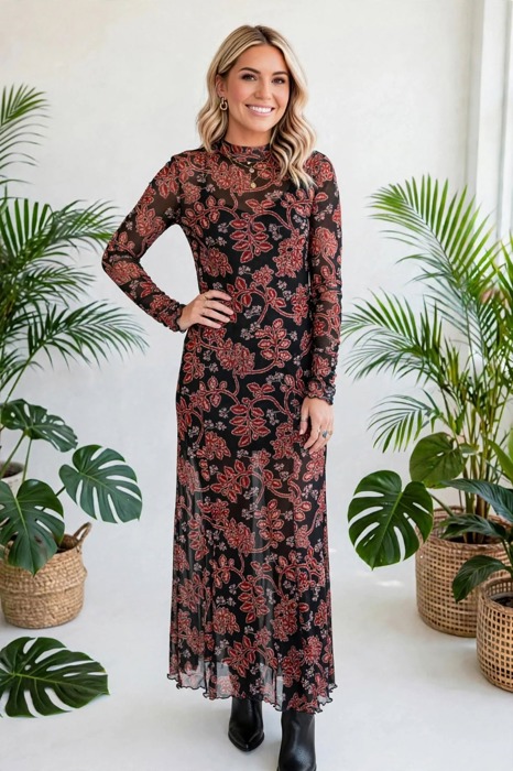 Midnight Bloom Retro Floral Mesh Dress