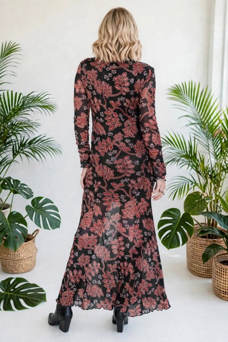 Midnight Bloom Retro Floral Mesh Dress