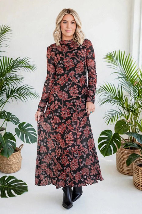 Midnight Bloom Retro Floral Mesh Dress