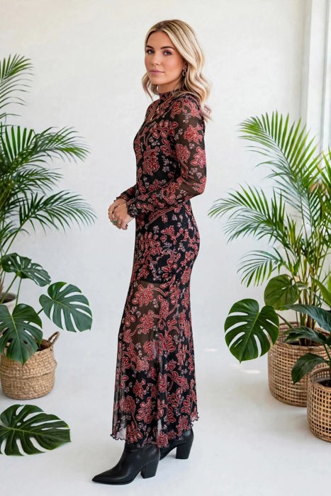 Midnight Bloom Retro Floral Mesh Dress