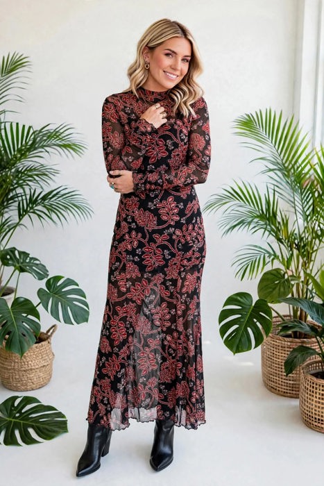 Midnight Bloom Retro Floral Mesh Dress