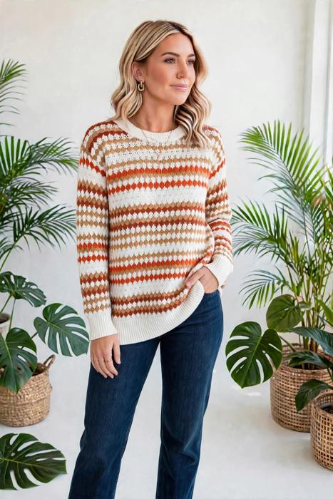 Striped Eyelet Detail Sweater | S-XL