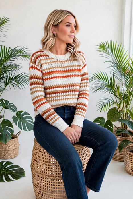 Striped Eyelet Detail Sweater | S-XL