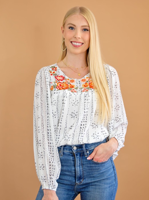 Embroidered Balloon Sleeve Blouse