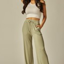  Stretchy Ribbed Drawstring Pocket Wide Leg Pants